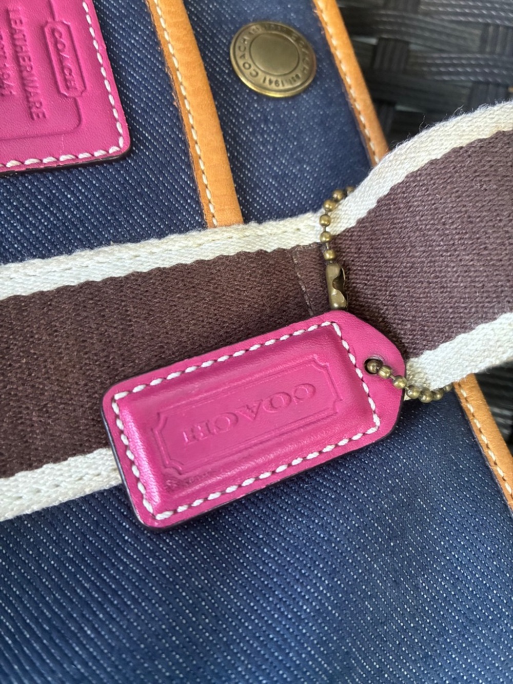 Coach Navy Denim Tote with Brown Straps and Pink Trim - Picture 11 of 16